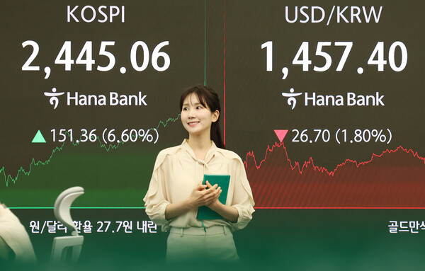 도널드 트럼프 미국 대통령의 상호관세 유예 발표로 주가가 급등하며 매수 사이드카가 발동된 10일 오후 서울 중구 하나은행 본점 딜링룸 전광판에 종가가 표시되고 있다. 이날 코스피 지수는 전 거래일 대비 6.60% 오른 2,445.06, 코스닥 지수는 5.97% 오른 681.79로 장을 마쳤다. 코스피와 코스닥에서 같은 날 매수 사이드카가 발동한 것은 지난해 8월 6일 이후 8개월 여 만이다. /뉴스1