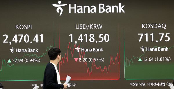 18일 금융감독원에 따르면 지난달 외국인은 상장주식 1조6370억원어치를 순매도했다. 전날 서울 중구 하나은행 본점 딜링룸 전광판에 증시 종가가 표시되고 있다. / 뉴스1