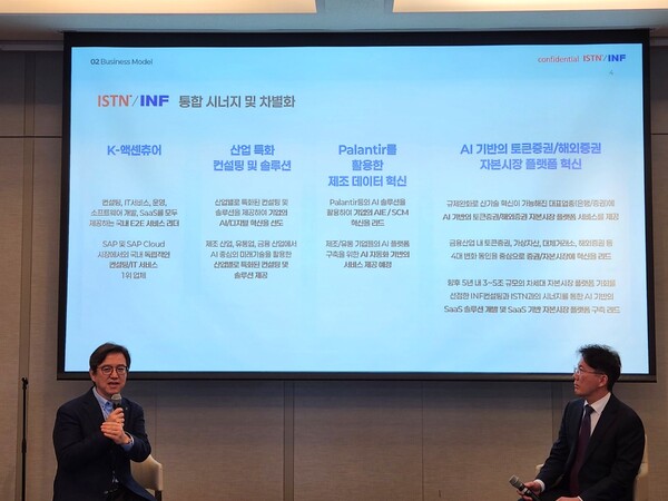 23일 그랜드인터컨 서울 파르나스에서 진행한 미디어간담회에서 이성열 ISTN/INF 회장과 김종도 대표가 합병 관련 소식을 전하고 있다. / ISTN/INF