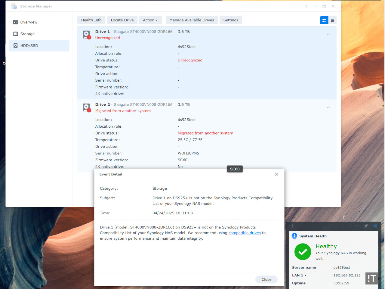 시놀로지 DS925+에 씨게이트 ‘아이언울프 4TB’ 장착 결과, 인식과 사용이 불가능하다. / 권용만 기자