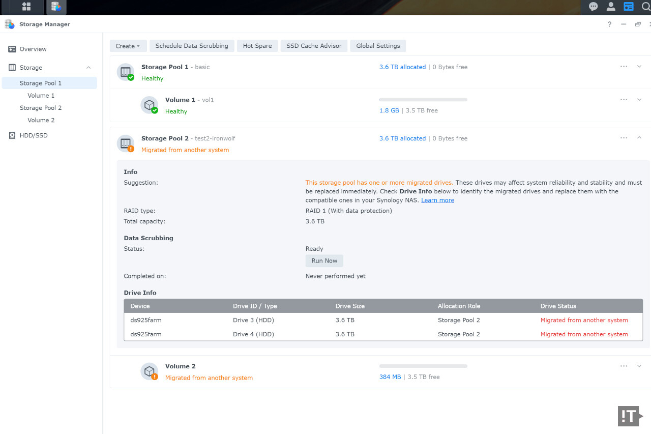 스토리지 풀 전체를 마이그레이션해 인식시킨 모습. 사용은 가능하지만 지속적으로 경고가 등장한다. / 권용만 기자