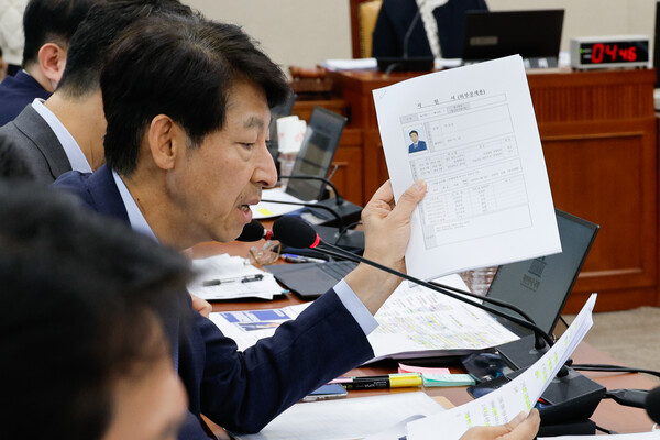 이훈기 더불어민주당 의원이 2024년 10월 24일 오전 서울 여의도 국회 과학기술정보방송통신위원회에서 열린 방송통신위원회 및 소관 감사대상기관 전체 종합 국정감사에서 한국방송공사(KBS) 차기 사장 최종 후보자로 선정된 박장범 앵커의 지원서를 들고 질의하고 있다. / 뉴스1