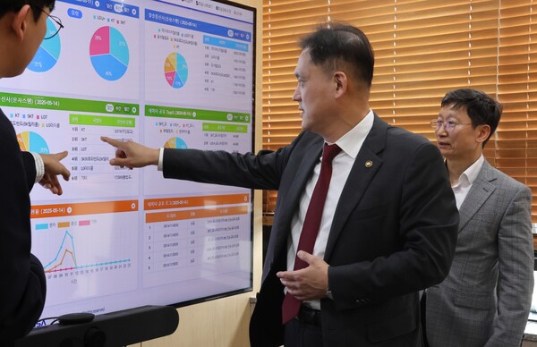 김태규 방통위 부위원장이 14일 전남 나주시 한국인터넷진흥원(KISA)을 방문해 SK텔레콤 사이버 침해사고 관련 스팸신고 동향 및 대응 현황 등을 살피고 있다. / 방송통신위원회