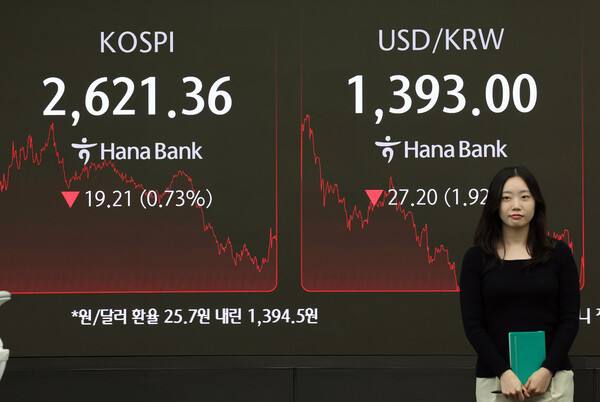 16일 금융감독원에 따르면 외국인은 지난달 국내 주식시장에서 13조5920억원어치를 순매도했다. 월간 기준 역대 최대치다. 15일 오후 서울 중구 하나은행 본점 딜링룸 전광판에 증시 종가가 표시되고 있다. / 뉴스1
