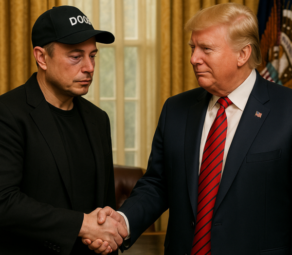 트럼프 대통령과 인사를 나누는 머스크. AI 합성 이미지/챗GPT