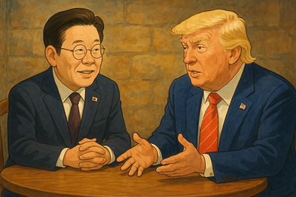 이재명 대통령(왼쪽)과 도널드 트럼프 미국 대통령이 대화를 나누는 모습. / 챗GPT