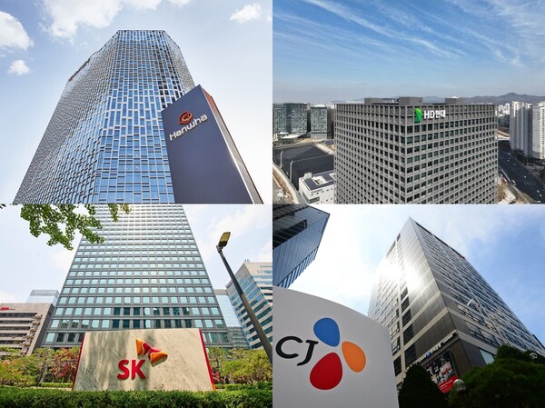 23일 한국거래소와 공정거래위원회에 따르면 공시대상기업집단 92개 중 지주사(실질적 지주사 역할 포함)가 상장돼 있고 최대주주 나이가 65세(1961년 이전 출생) 이상인 그룹 소속 지주사 28개는 올해 들어 주가가 45.1% 상승했다. 왼쪽 상단부터 시계 방향으로 한화, HD현대, CJ, SK 본사 전경. / 조선DB 