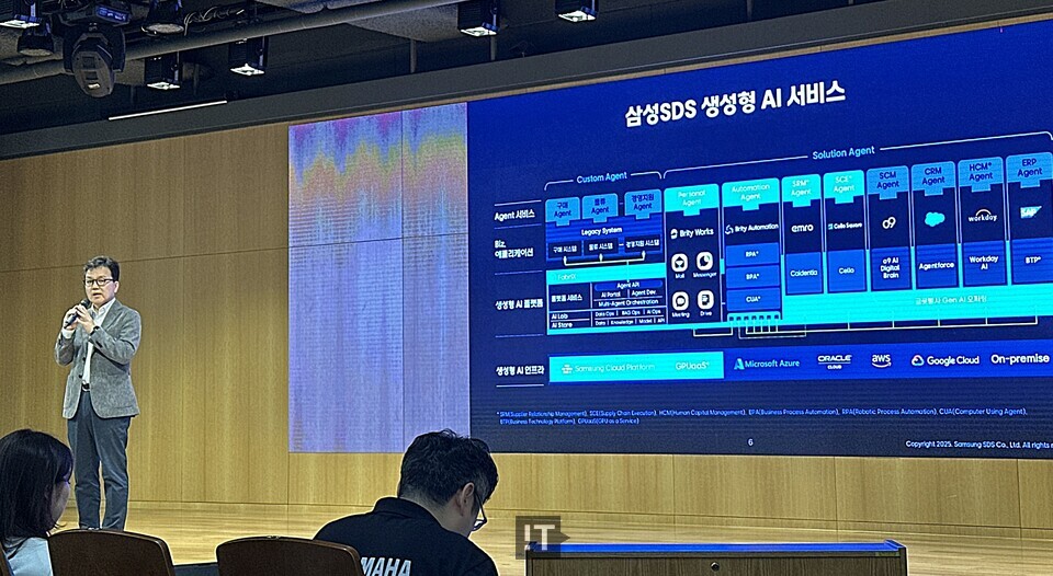 이준희 대표가 26일 오전 서울 송파구 삼성SDS 잠실캠퍼스에서 열린 ‘생성형 AI 미디어데이’에서 삼성SDS 생성형 AI를 소개하고 있다. / 김경아 기자