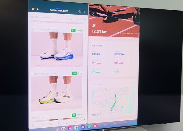 갤럭시Z폴드7으로 AI 성능을 체험해봤다. 러닝화를 구입할 때 갤럭시 AI를 활용하면 단순히 구매를 넘어 기존 사용자의 러닝 기록까지 반영해 보다 개인화된 제품 선택을 돕는다. / 이선율 기자