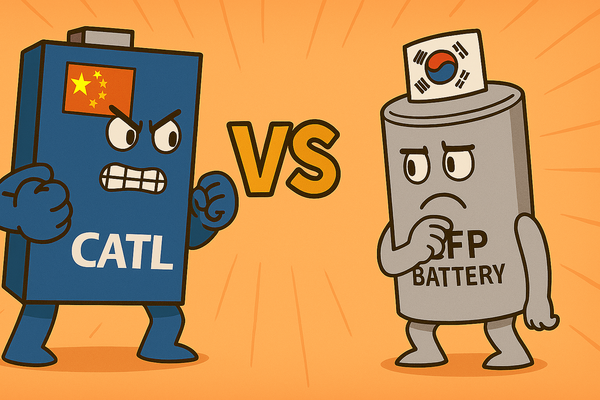 중국 CATL LFP 배터리와 한국업체 LFP 배터리간 경쟁 구도를 의인화한 이미지. / 챗GPT