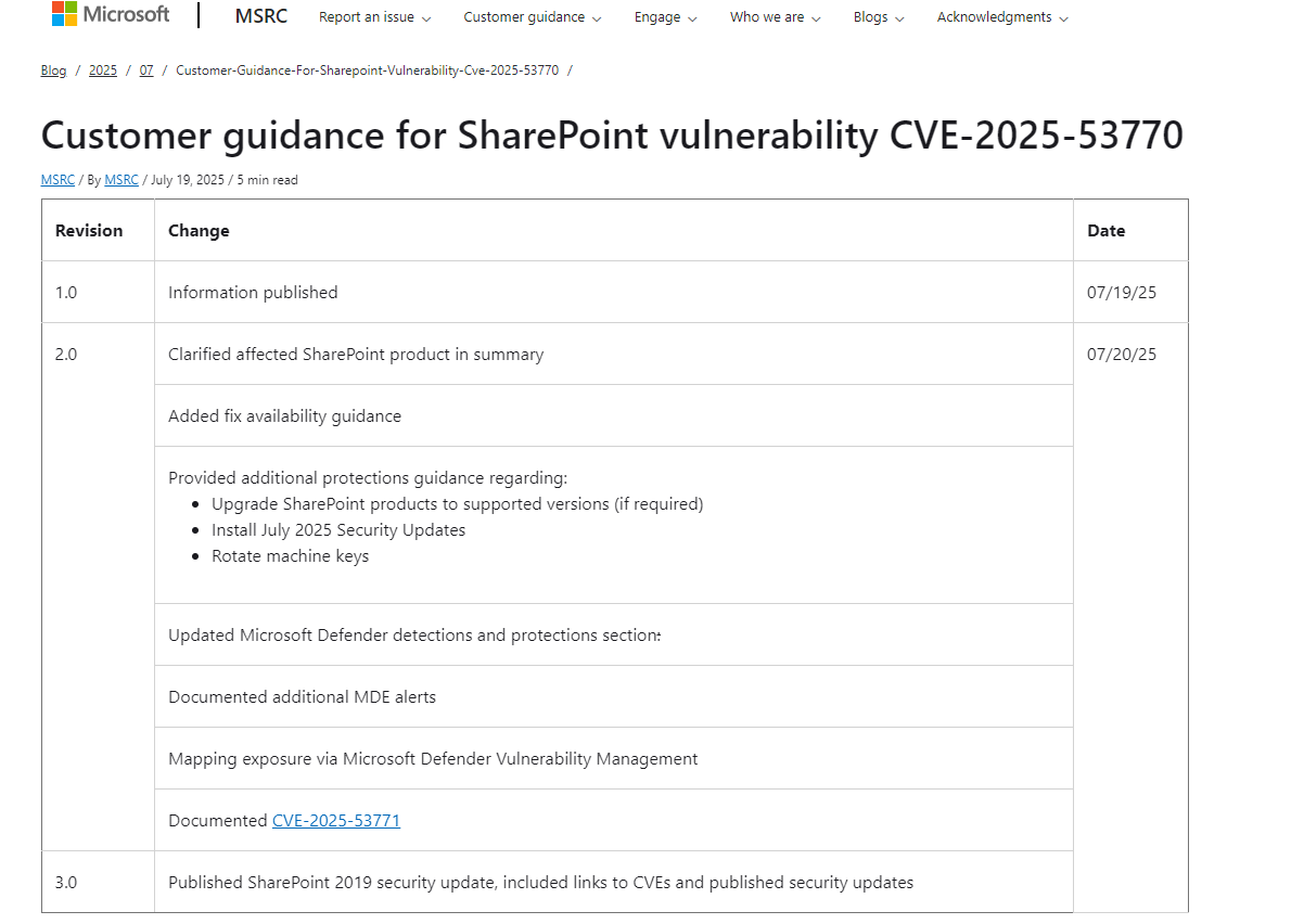 MS가 보안 업데이트를 권고했다. / MS 공식 블로그 갈무리