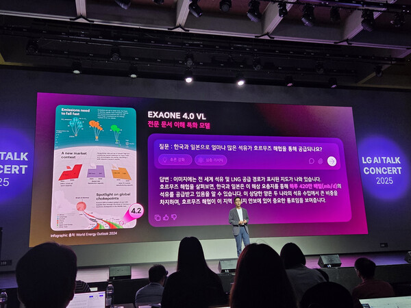 이홍락 LG AI연구원 공동 연구원장 겸 최고AI과학자(CSAI)가 22일 서울 마곡 LG사이언스파크에서 열린 ‘LG AI 토크 콘서트 2025’에서 세계 최고 수준의 멀티모달 AI 모델 ‘엑사원 4.0’ 등을 비롯해 엑사원 생태계에 대해 소개하고 있다. / 이선율 기자