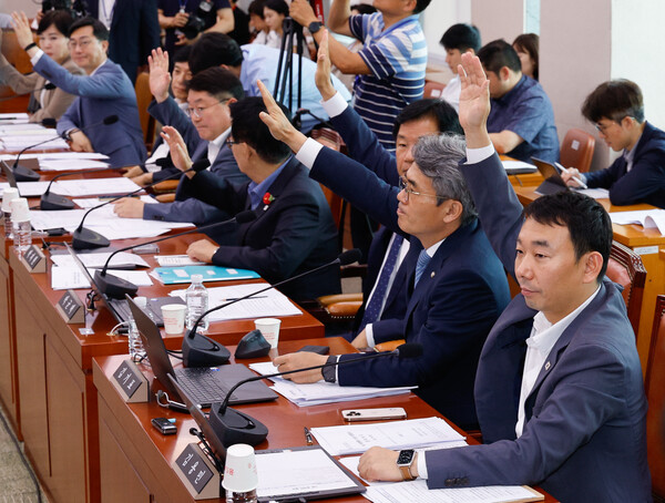 22일 오후 서울 여의도 국회에서 열린 법제사법위원회 제427회국회(임시회) 제4차 전체회의에서 김용민 간사 등 더불어민주당 의원들이 AI 디지털 교과서의 법적 지위를 교육자료로 바꾸는 초·중등교육법 일부개정법률안 찬성 거수 표결을 하고 있다. / 뉴스1