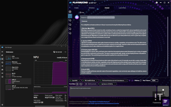 인텔 ‘AI 플레이그라운드’ 앱에서 NPU로 ‘파이 3 미니’ 모델 구동 장면 / 권용만 기자
