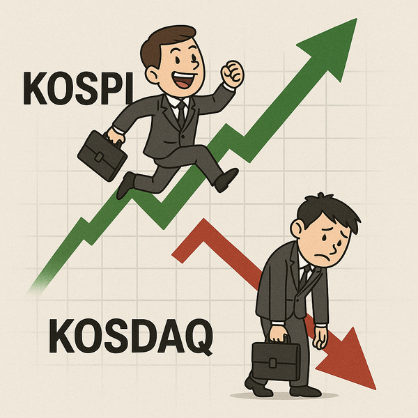 한국거래소에 따르면 코스피는 최근 1년간 16.8% 상승한 반면 코스닥은 1.0% 하락했다. / 챗GPT에서 생성한 이미지