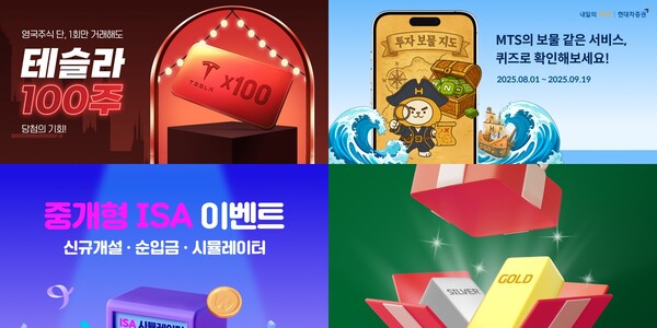 왼쪽 상단부터 시계 방향으로 NH투자증권의  ‘영국주식 투자하고 테슬라 100주 받자’ 이벤트, 현대차증권의  ‘보물찾기 퀴즈 ’ 이벤트, 대신증권의 금·은 해외선물 상품 수수료 절반 이하 이벤트, 신한투자증권의 중개형 ISA 통합 이벤트 관련 사진 / 각 사