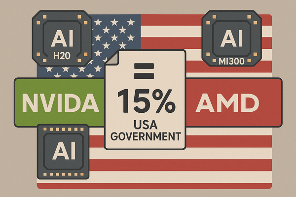 엔비디아와 AMD가 대중 인공지능(AI) 전용 칩 판매 재개를 조건으로 판매 수익의 15%를 미국 정부에 지급하기로 합의했다. / 챗GPT