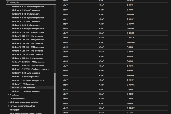 윈도11 공식 지원 인텔 프로세서 목록 / 마이크로소프트 홈페이지 갈무리