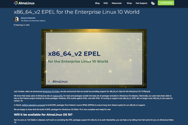 알마 리눅스는 RHEL 10 기반에서도 프로세서 지원 기준을 낮췄다. / 알마 리눅스 홈페이지 갈무리