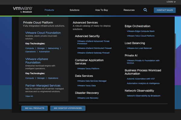 VM웨어의 현재 주요 제품군 구성 / VM웨어 홈페이지 갈무리