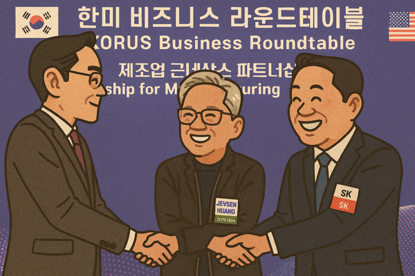 / 챗GPT로 생성한 이재용 삼성전자 회장(왼쪽부터), 젠슨 황 엔비디아 CEO, 최태원 SK그룹 회장이 악수하는 모습. 