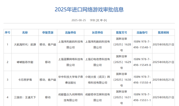중국 국가신문출판서의 8월 외자 판호 목록. / 중국 국가신문출판국 홈페이지 화면 캡처
