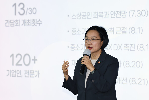 한성숙 중소벤처기업부 장관이 28일 서울 여의도 중소기업중앙회에서 취임 30일 기자간담회를 하고 있다. / 뉴스1