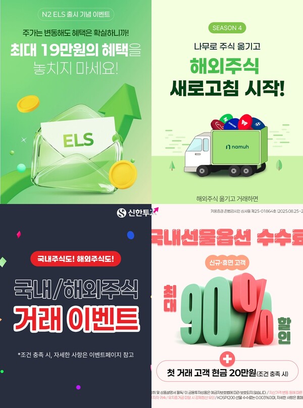 왼쪽 상단부터 시계 방향으로 NH투자증권의  ‘N2 ELS’ 출시 기념 이벤트,  ‘나무로 주식 옮기고, 해외주식 새로고침 시작(시즌4)’ 이벤트, 키움증권의 국내선물옵션 수수료 최대 90% 할인 이벤트, 신한투자증권의 국내·해외주식 고객 대상 가을 이벤트 관련 사진 ./ 각 사