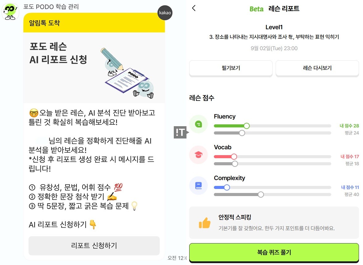 포도에서 원어민 수업을 마친 후에는 ‘AI 실력진단 리포트’를 발급 받을 수 있다. ▲유창성 ▲어휘 ▲문법 등 실력을 다른 이용자와의 평균 실력과 함께 제공한다. / 포도스피킹 갈무리