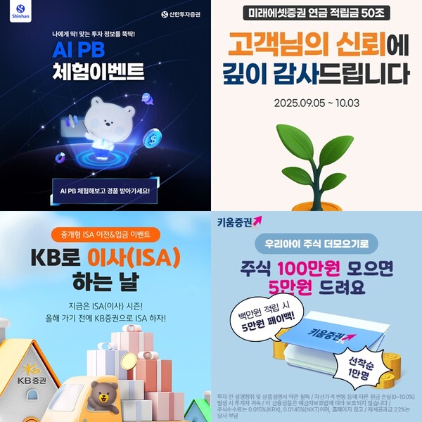 사진 왼쪽 상단부터 시계 방향으로 신한투자증권의 ‘AI PB 체험’ 이벤트, 미래에셋증권의  ‘고객 감사’  이벤트,  키움증권의  ‘우리아이 자립계좌 함께 키움’ 이벤트, KB증권의 ‘중개형 ISA 이전&입금’ 이벤트 관련 사진 / 각 사