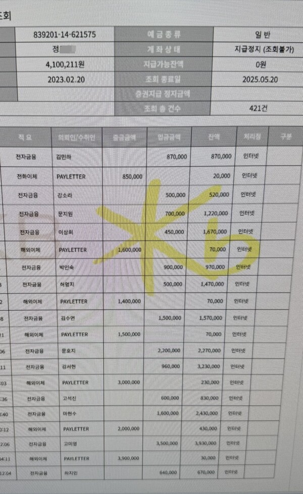 검사를 사칭한 보이스피싱 조직원이 보낸 허위의  대포통장 입출금 내역. / 제보자 제공