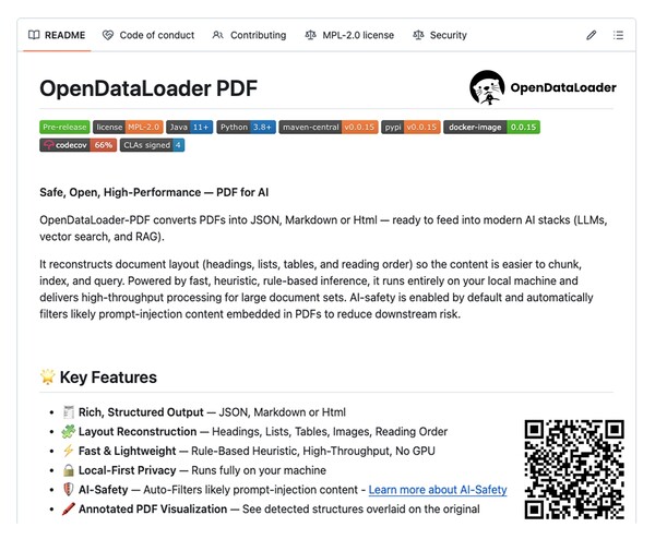 한컴이 공개한 오픈데이터로더 PDF 공식 깃허브 페이지 / 한컴