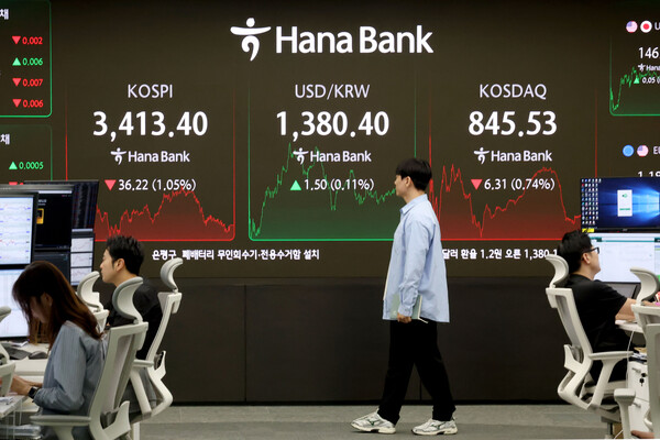 17일 서울 중구 하나은행 딜링룸 현황판에 코스피, 원화 대비 달러화,  코스닥 수치가 나타내고 있다. / 뉴스1