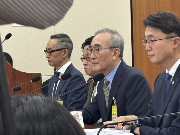 김영섭(오른쪽에서 두 번째) KT 대표와 조좌진(왼쪽에서 두 번째) 롯데카드 대표가 24일 국회 과학기술정보방송통신위원회 KT·롯데카드 해킹 청문회에 출석해 말하고 있다. / 김광연 기자