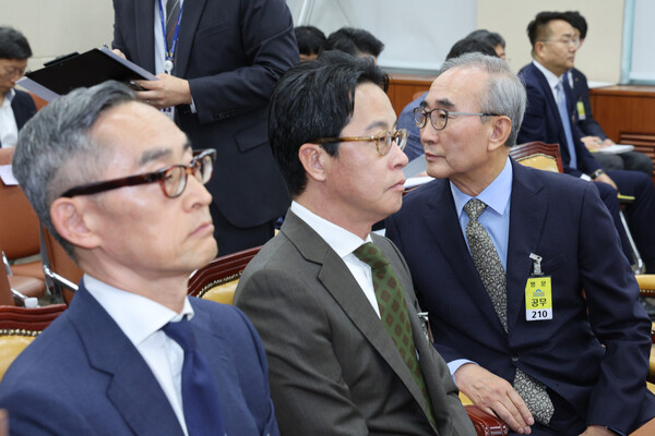 윤종하 MBK파트너스 부회장(왼쪽부터), 조좌진 롯데카드 대표이사, 김영섭 KT 대표이사가 24일 서울 여의도 국회 과학기술정보방송통신위원회에서 열린 대규모 해킹사고(통신·금융) 관련 청문회에 참석하고 있다/뉴스1