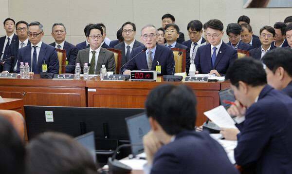김영섭 KT 대표가 24일 서울 여의도 국회 과학기술정보방송통신위원회에서 열린 대규모 해킹사고(통신·금융) 관련 청문회에서 의원 질의에 답변하고 있다. 왼쪽부터 윤종하 MBK파트너스 부회장, 조좌진 롯데카드 대표, 김 대표, 류제명 과학기술정보통신부 2차관. / 뉴스1