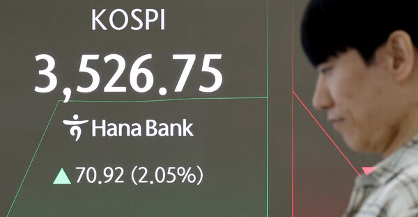 추석 명절을 앞두고 코스피가 최고가를 갱신한 2일 오전 서울 중구 하나은행 딜링룸 전광판에 개장 시황이 나오고 있다. 이날 코스피는 전 거래일보다 70.92포인트(2.05%) 오른 3526.75에 거래되고 있다./뉴스1