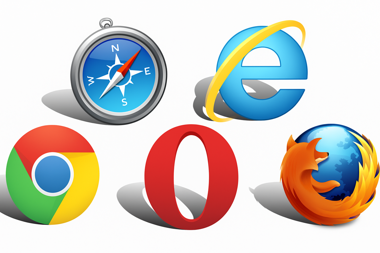 왼쪽부터 시계 방향으로 사파리, 인터넷 익스플로러, 모질라 파이어폭스, 오페라, 구글 크롬 / 챗GPT 생성 이미지