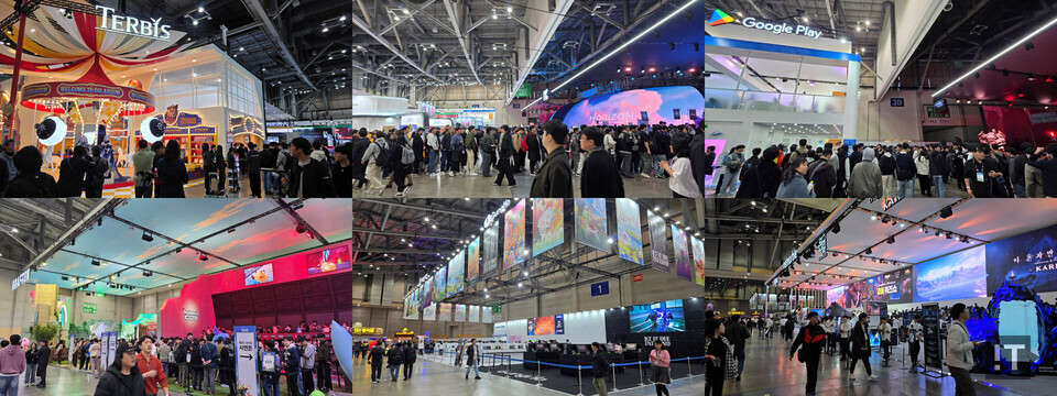 부산 벡스코 제1전시장 2홀로 입장한 관람객들이 빠르게 개별 부스로 이동하고 있다. 왼쪽 위부터 시계방향으로 웹젠 부스, 엔씨 부스, 구글플레이 부스, 넷마블 부스, 그라비티 부스, 크래프톤 부스. / 변인호 기자