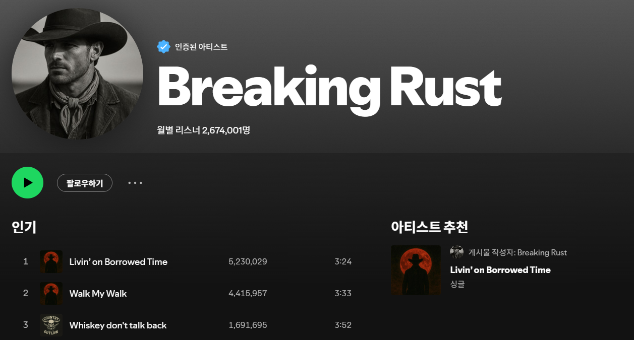 브레이킹 러스트 스포티파이 페이지. / 스포티파이 갈무리