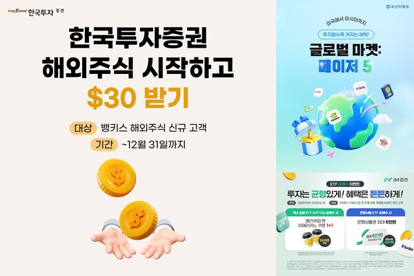 한국투자증권, ‘해외주식 시작하고 30$ 받기’ 이벤트(왼쪽), 유안타증권, ‘글로벌 마켓: 메이저 5’ 해외주식 이벤트(오른쪽 위),  iM증권, 비대면 ETF 매수 이벤트(오른쪽 아래) 관련 사진 / 각 사 